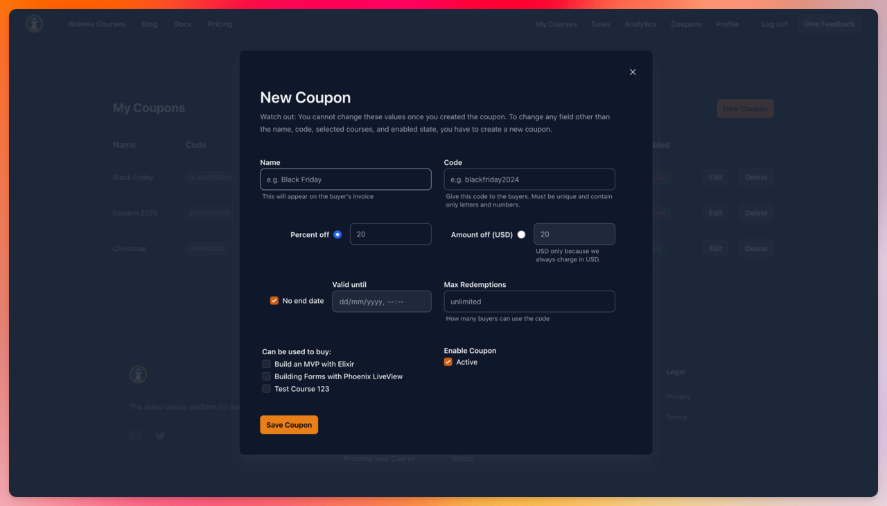 The coupons edit and create view